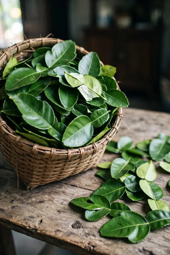 Woven basket of freshly picked makrut lime leaves on a kitchen counter