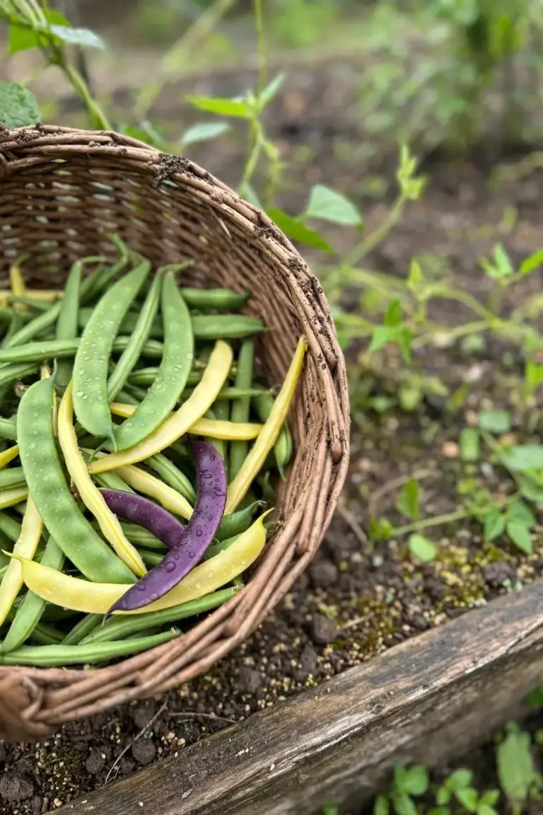 Basket of freshly picked green, yellow, and purple snap beans on a garden bed