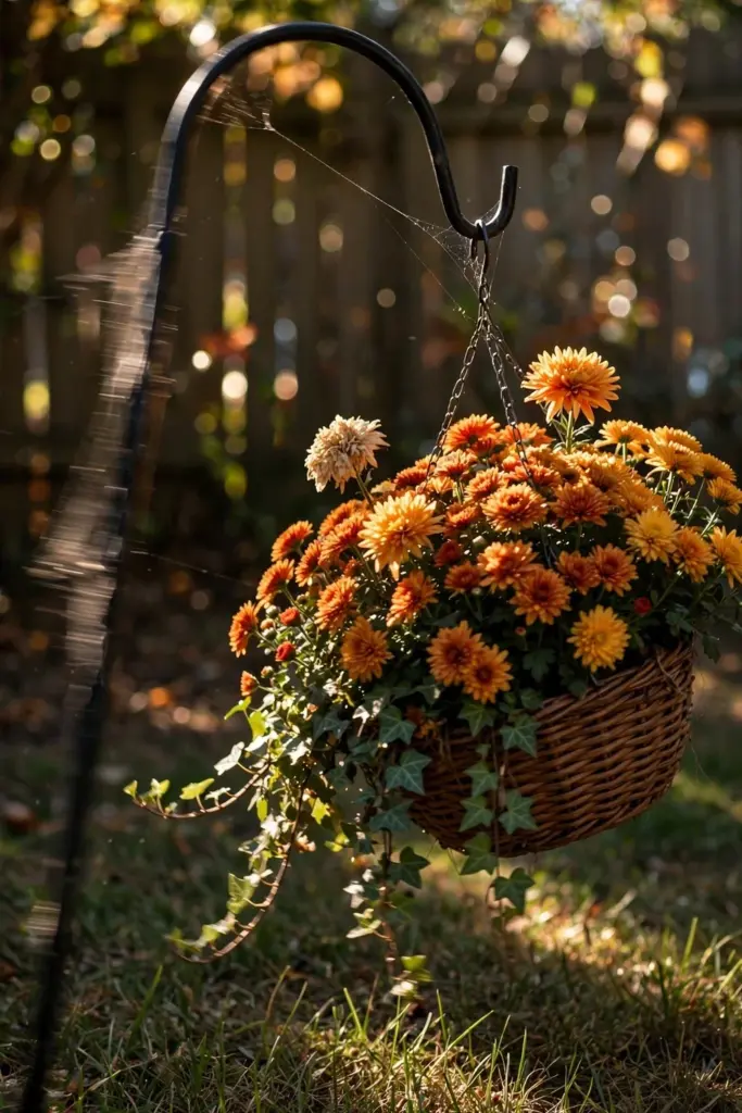Fall hanging basket on a hook in dappled afternoon light