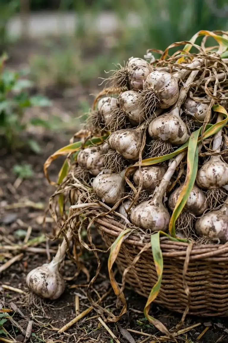 Woven basket overflowing with freshly harvested garlic bulbs