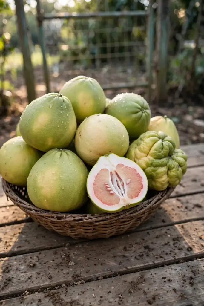 Woven basket overflowing with harvested pomelos on weathered wood