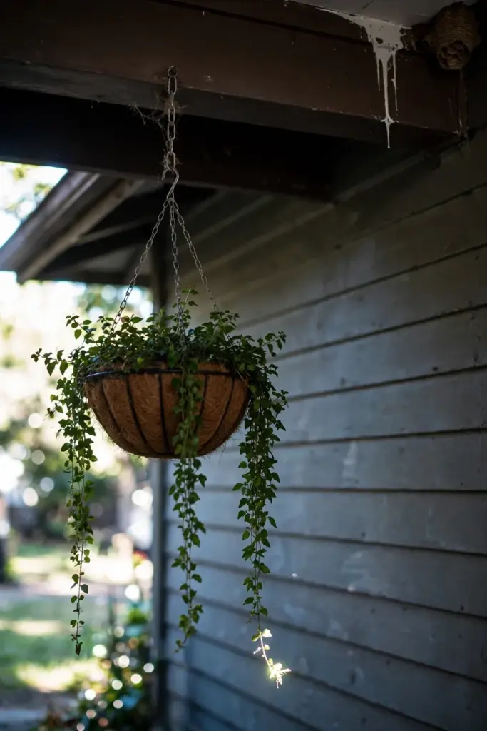 Hanging basket tucked under a deep porch eave, sheltered from wind