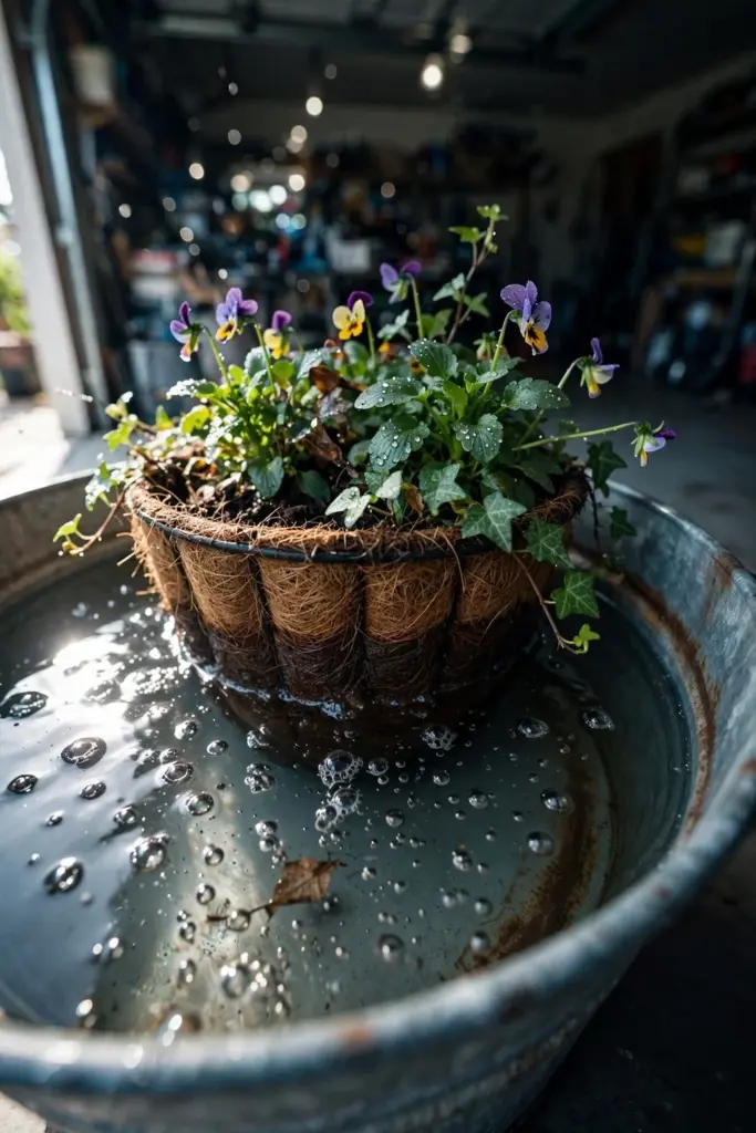 Planted hanging basket soaking in a tub of water