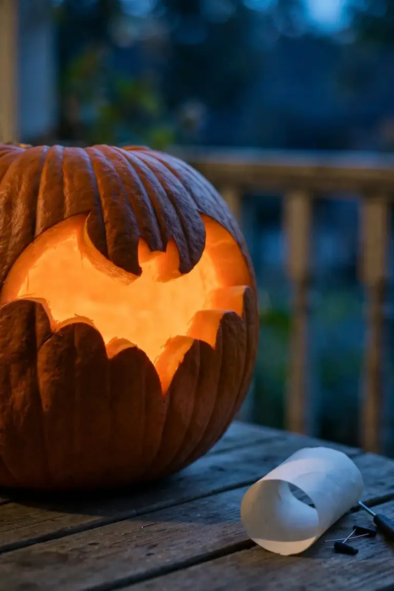 Pumpkin carved with a wide-winged bat shape glowing warm orange against the dark rind at dusk