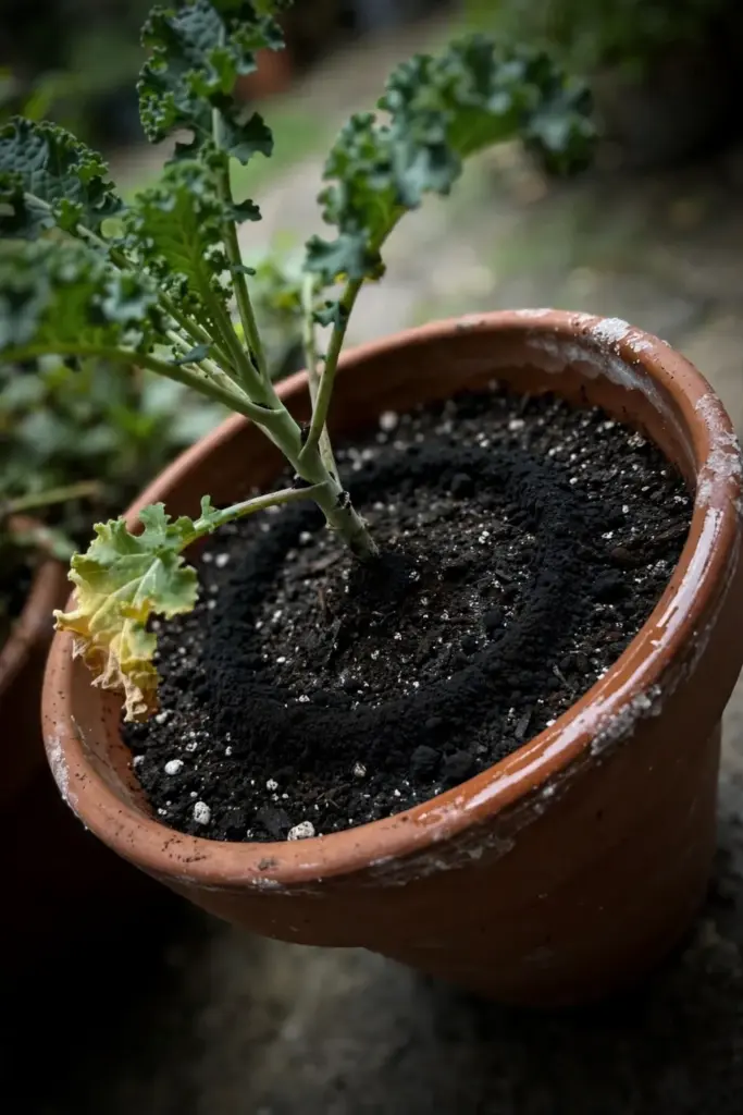 Dark guano powder top-dressed on a potted kale plant