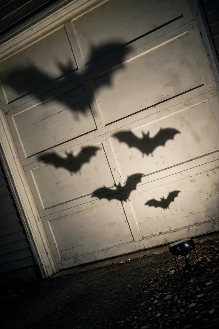 Bat shapes projected in light across a plain garage door at night