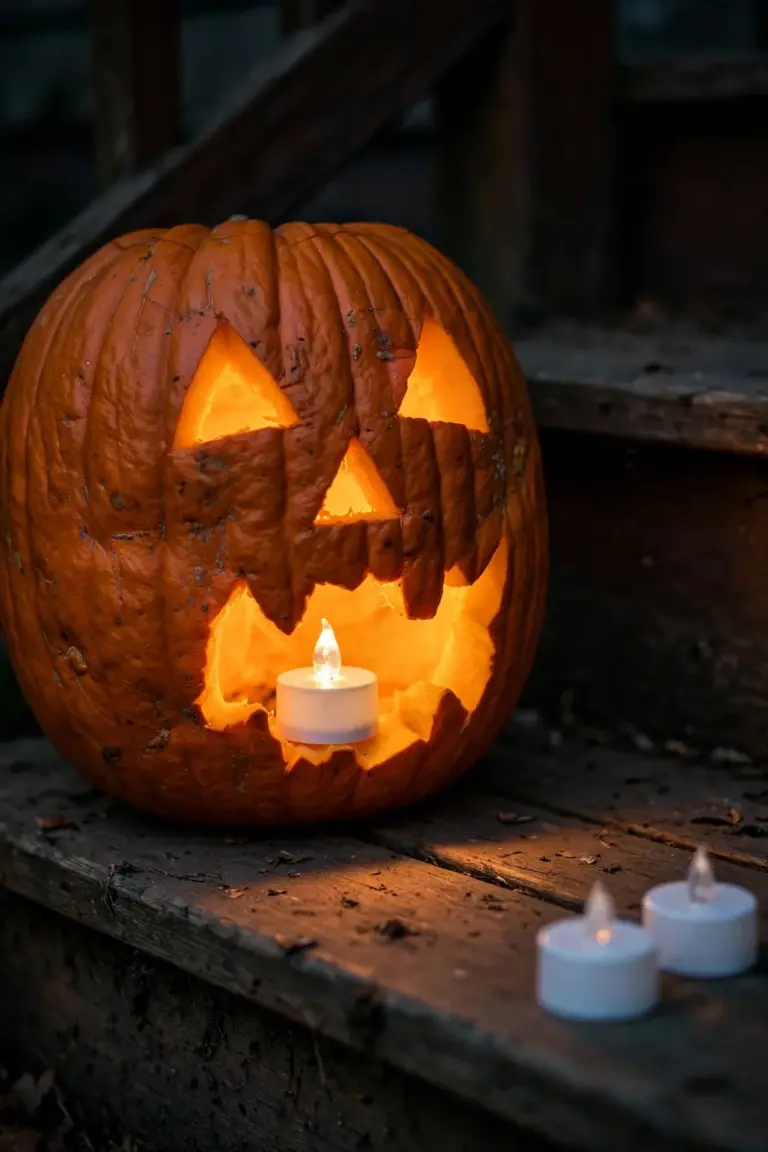 Carved pumpkin lit by a battery LED candle on a dark porch step