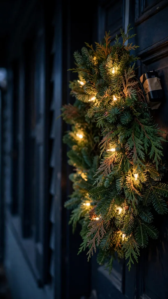 An evergreen wreath at dusk with warm white battery lights glowing through the foliage