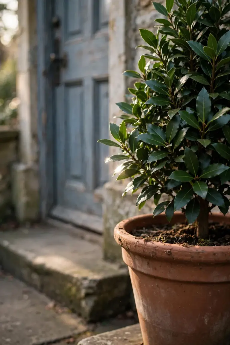 Bay laurel clipped into a neat cone in a terracotta pot beside a front door