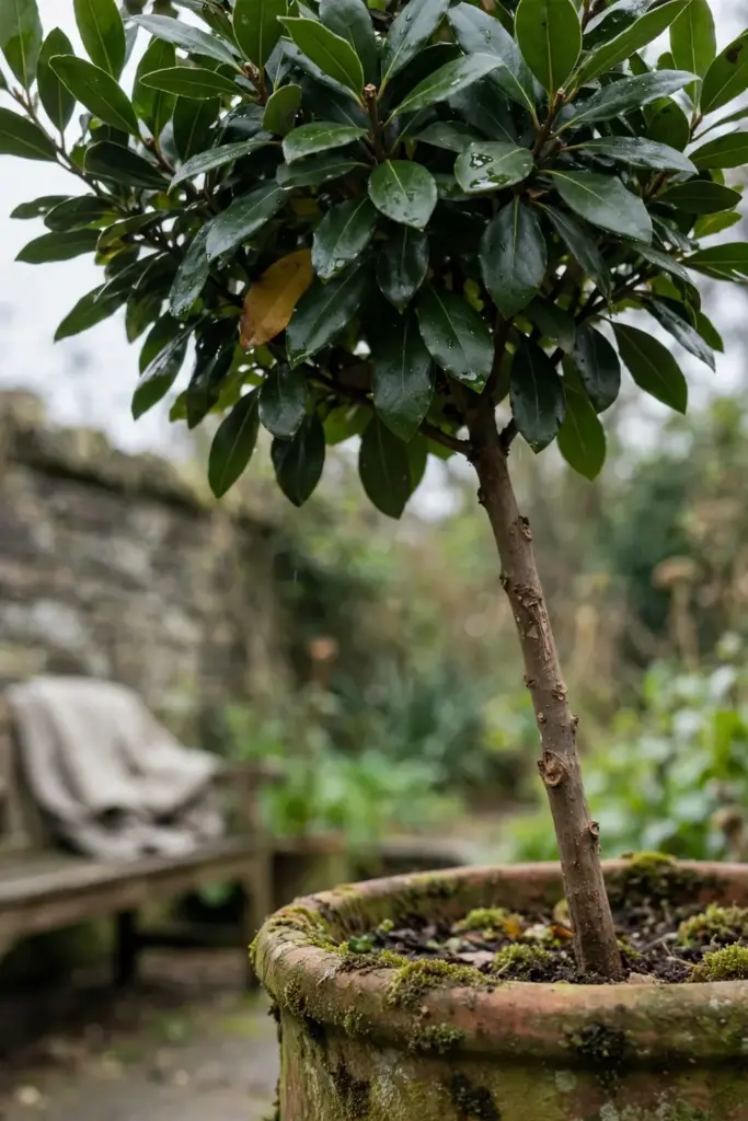 Bay laurel standard in a terracotta pot, glossy leaves in daylight