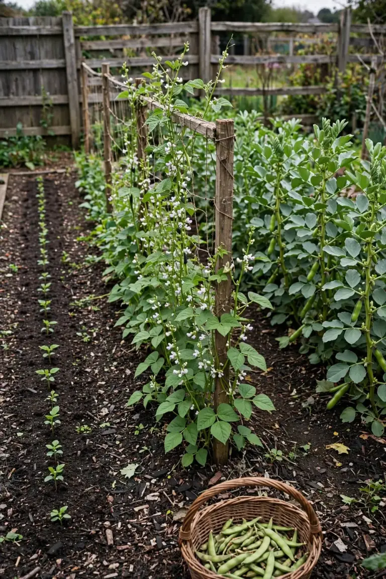 Whole vegetable bed with beans at several growth stages