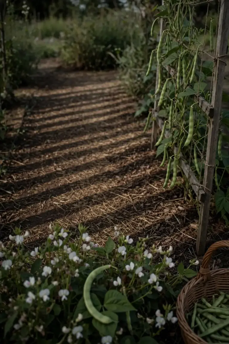 Bean bed in fading late-afternoon light with pods ready to pick