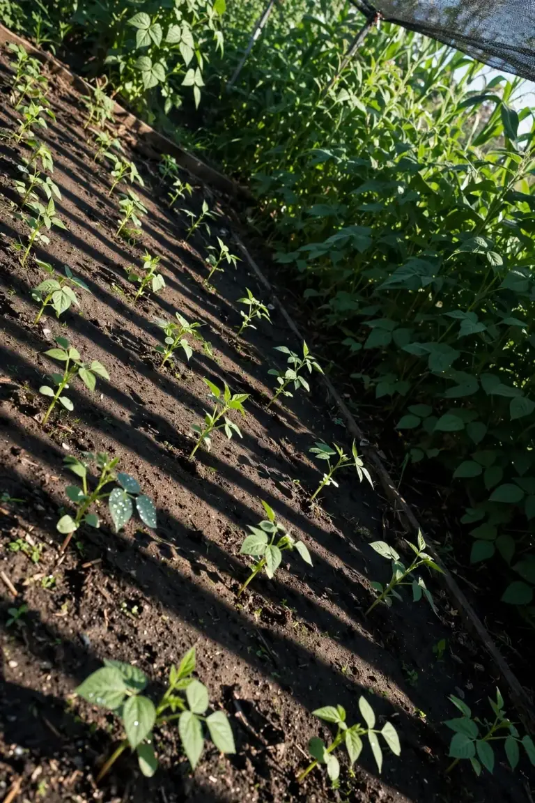 Bean bed in bright morning sun with one shaded corner