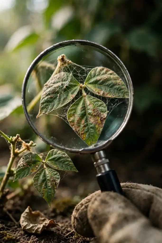 Magnifying glass over a webbed bean leaf with brown lesions and tan mycelium.