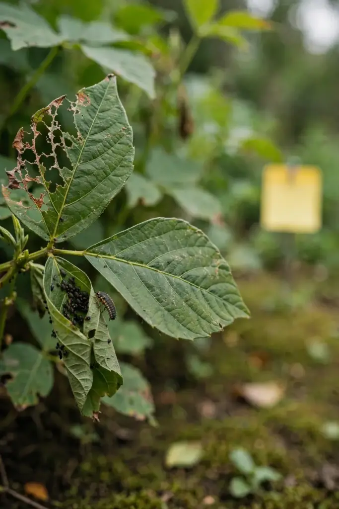 Adzuki bean leaf with insect chewing damage and an aphid cluster
