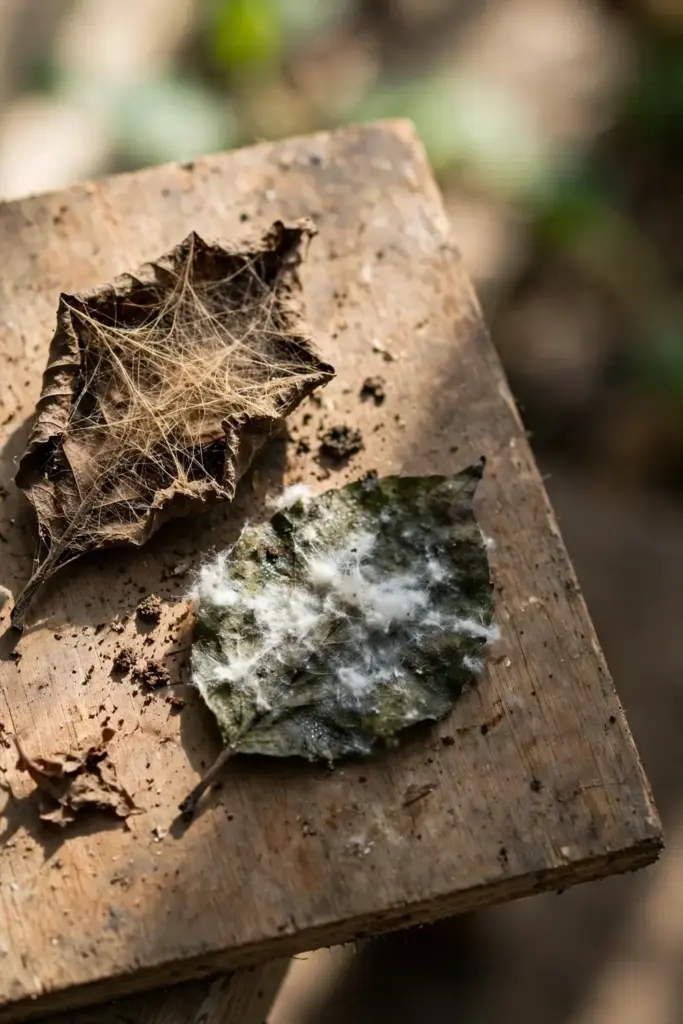 Two blighted leaves compared, one with tan clinging webbing and one with white cottony growth.