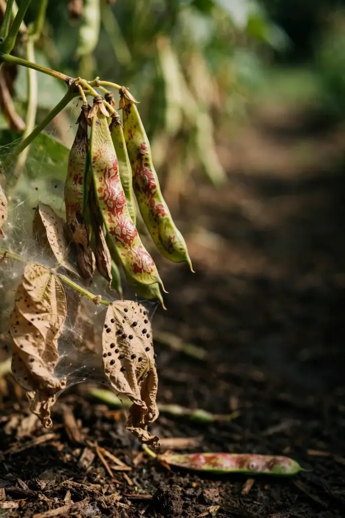 Snap bean pods with reddish brown lesions and webbed lower leaves in a garden row.