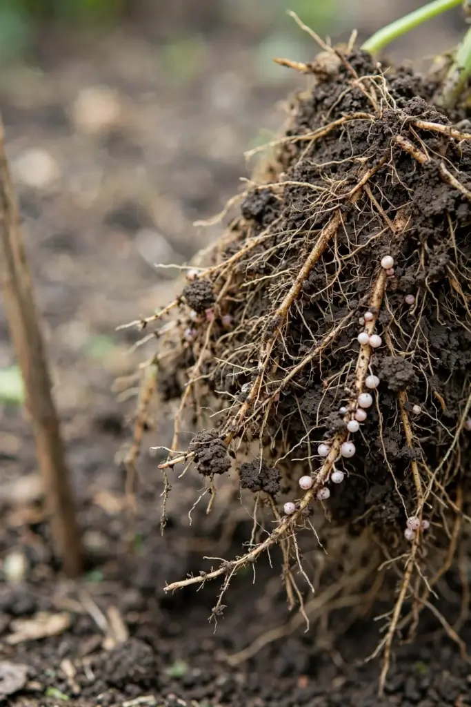 Bean roots with pinkish nitrogen-fixing nodules exposed in soil