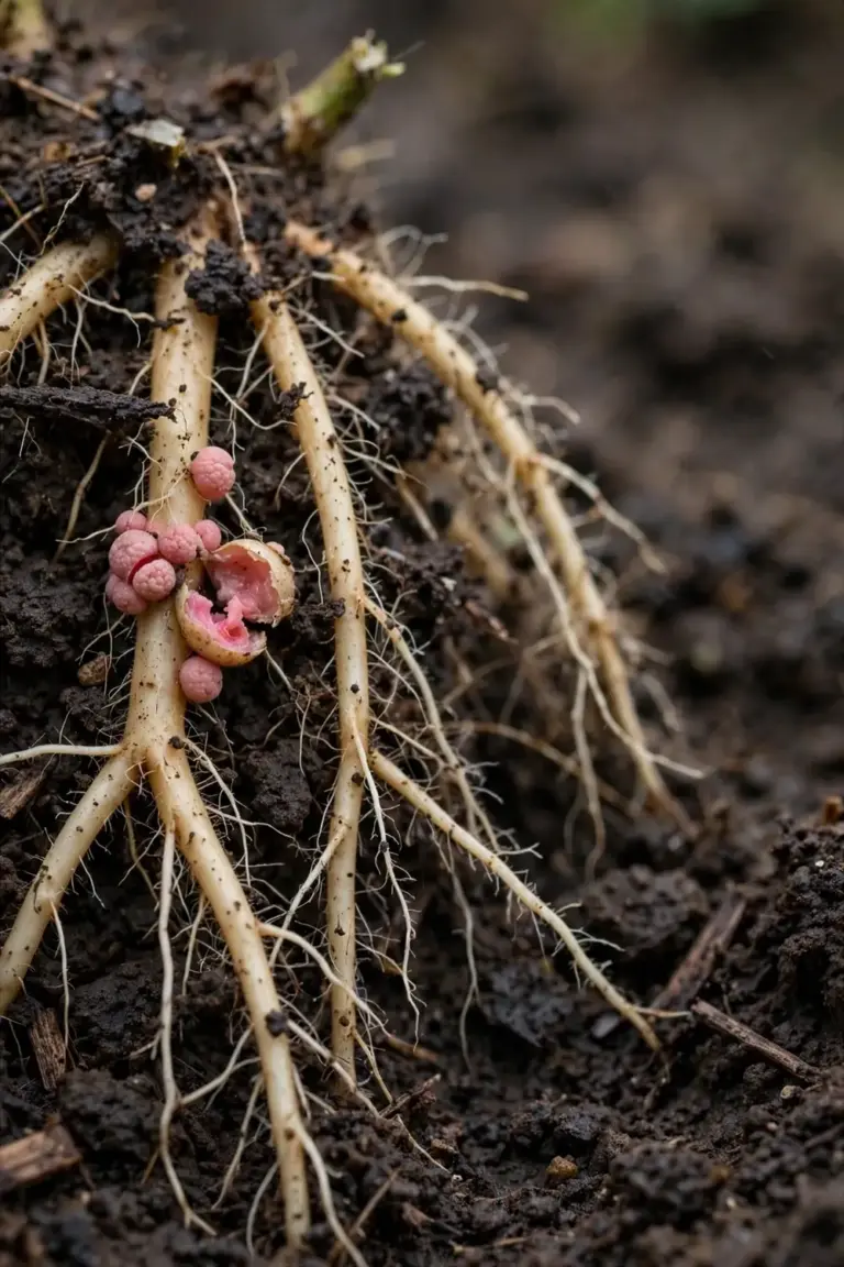 Bean roots with small pink nitrogen nodules in dark soil