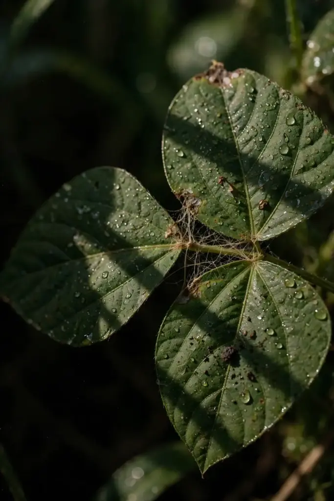Close-up of mycelial bridges joining two touching wet bean leaves.