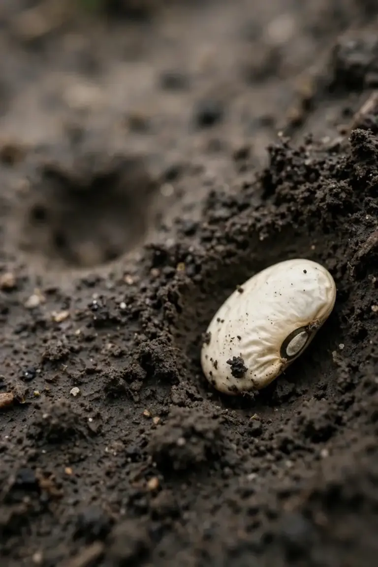 Pale bean seed resting in a shallow hole in dark soil