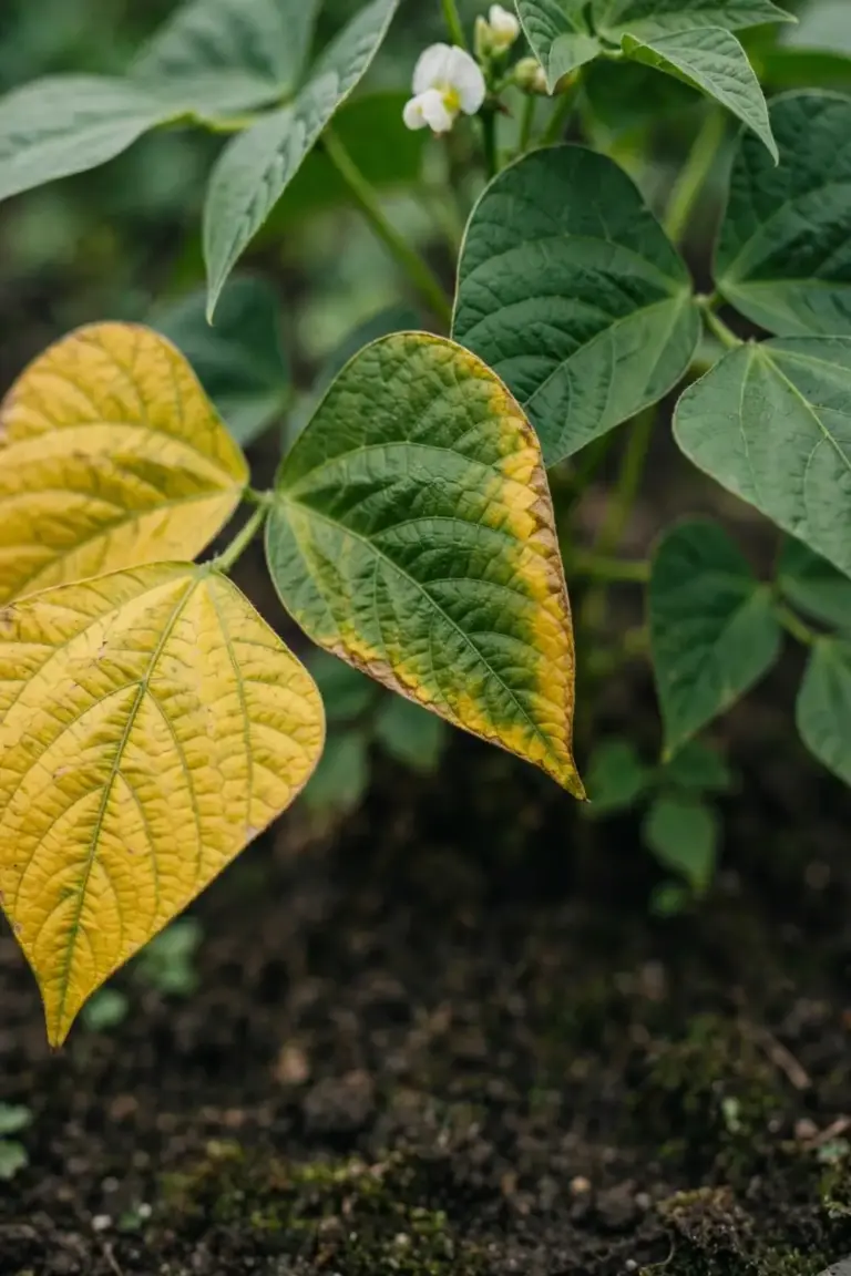 Bean plant with yellowing lower leaves beside healthy green leaves