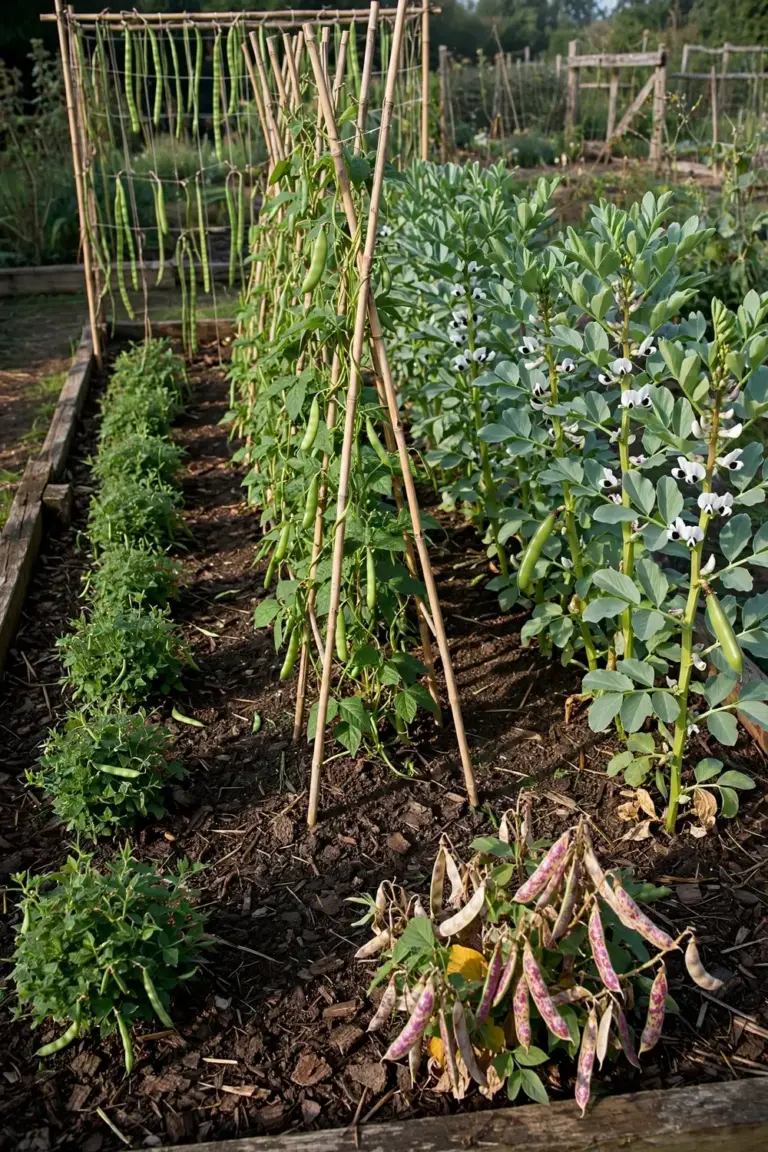 Garden bed growing five kinds of beans side by side in rows