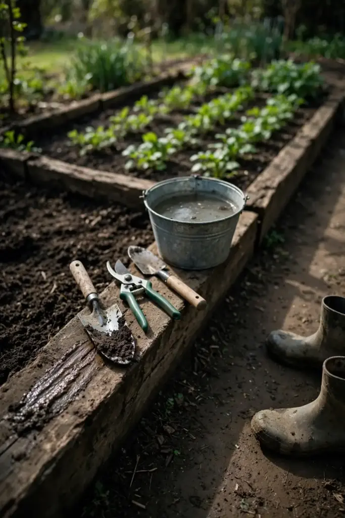 Garden tools resting in a row at a bed boundary beside a wash bucket.