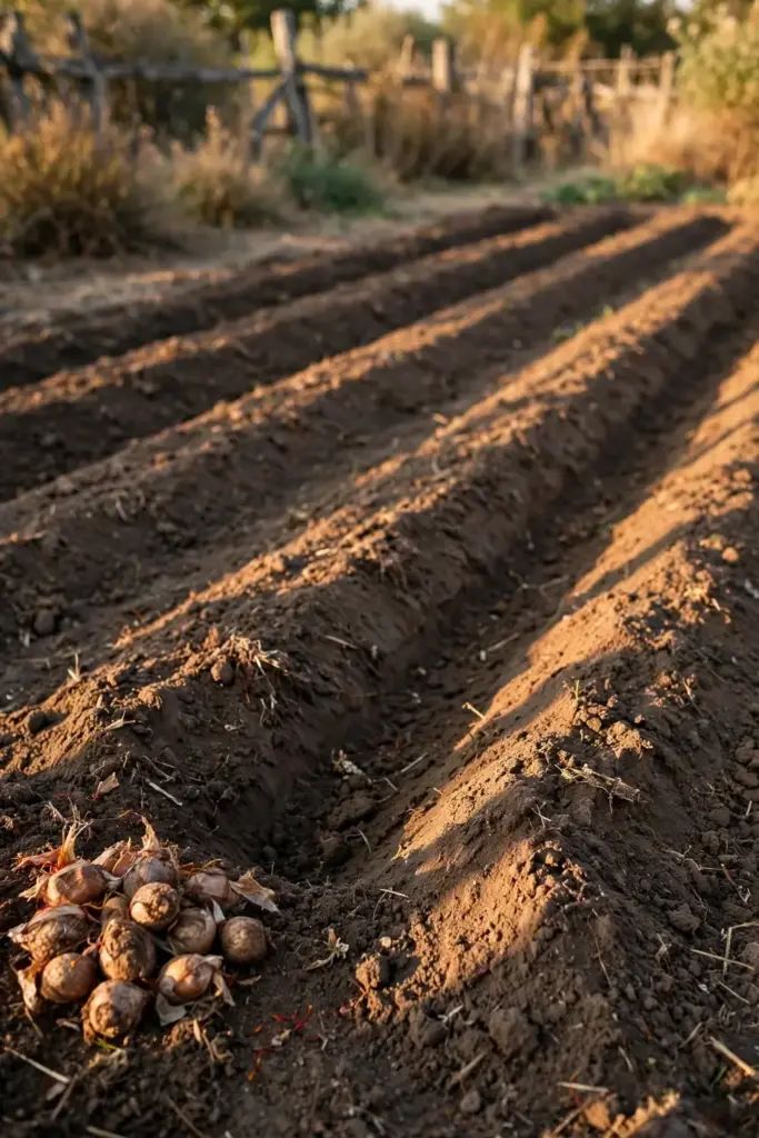 Prepared garden bed in late summer with a pile of saffron corms ready to plant