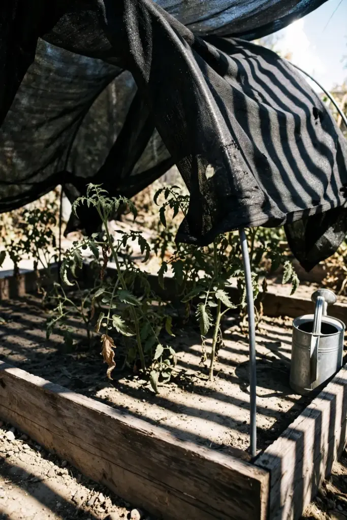 Raised bed under shade cloth in harsh sun with dry soil at the frame edge