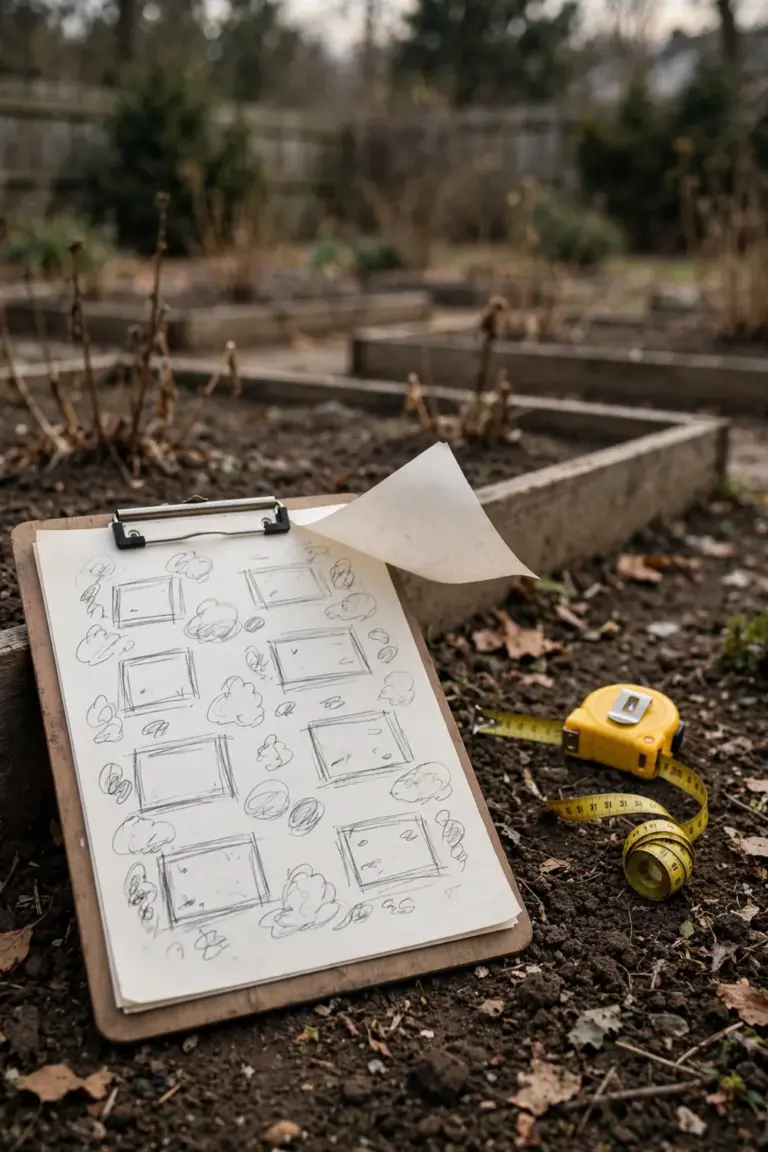 Clipboard with a pencil sketch of garden beds lying on bare autumn soil beside a tape measure
