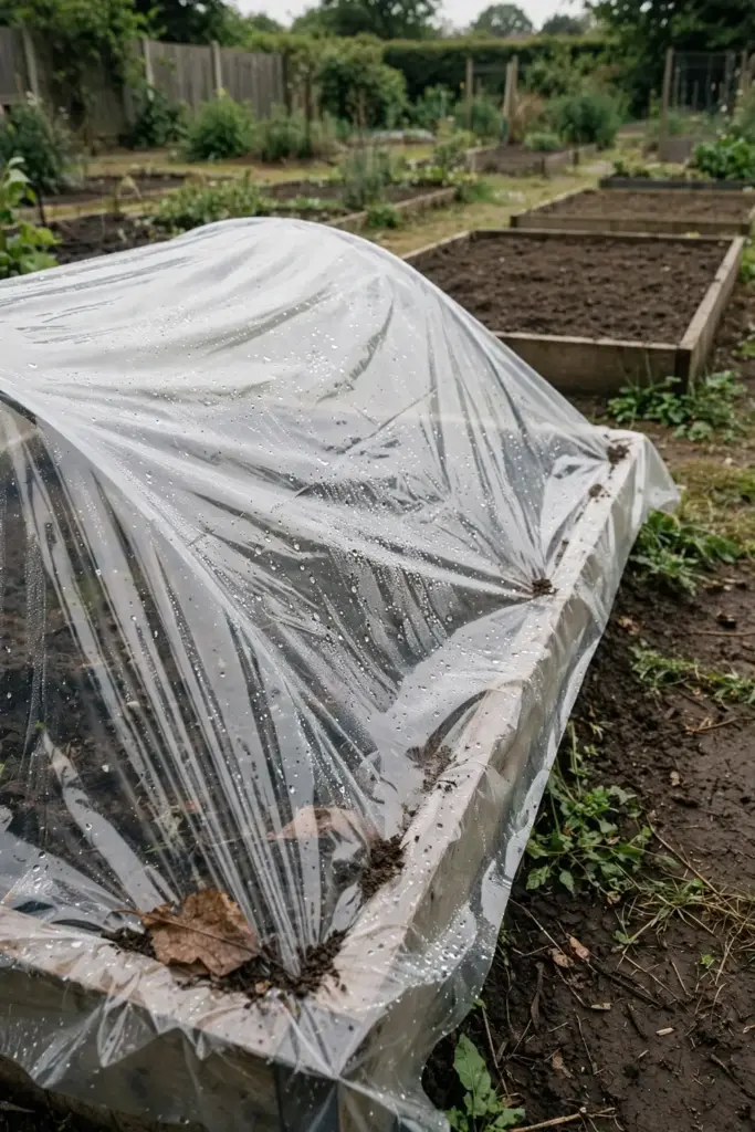 Garden bed covered edge to edge with clear plastic solarizing in summer heat.