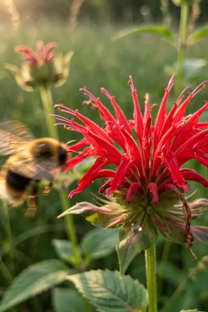Shaggy red bee balm bloom with tubular florets and a bee