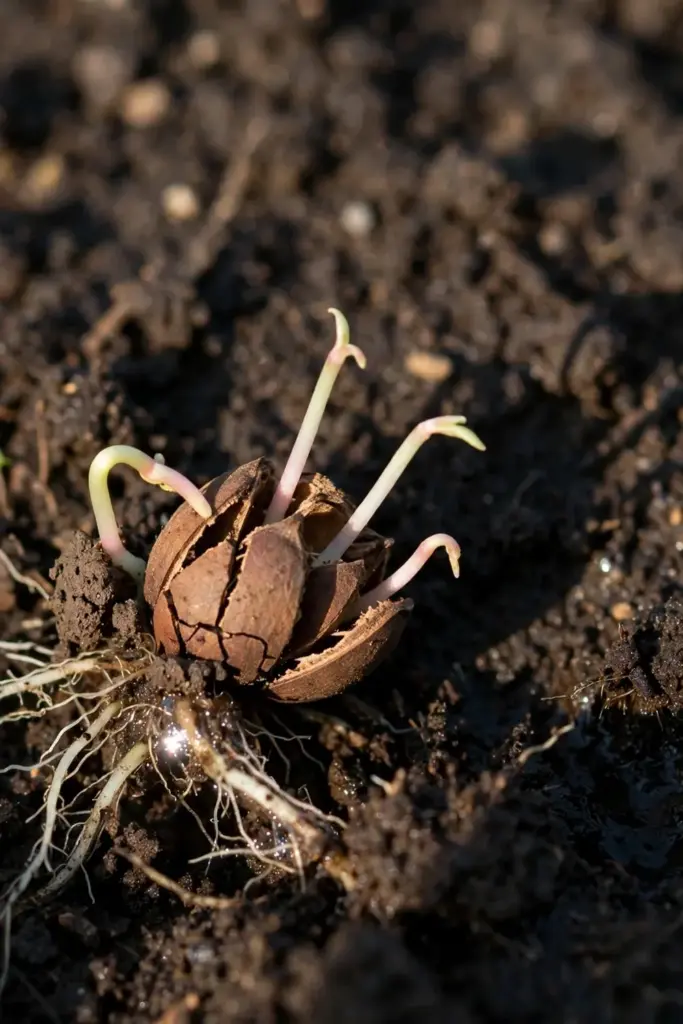 Beet seed cluster splitting with multiple sprouts on dark soil
