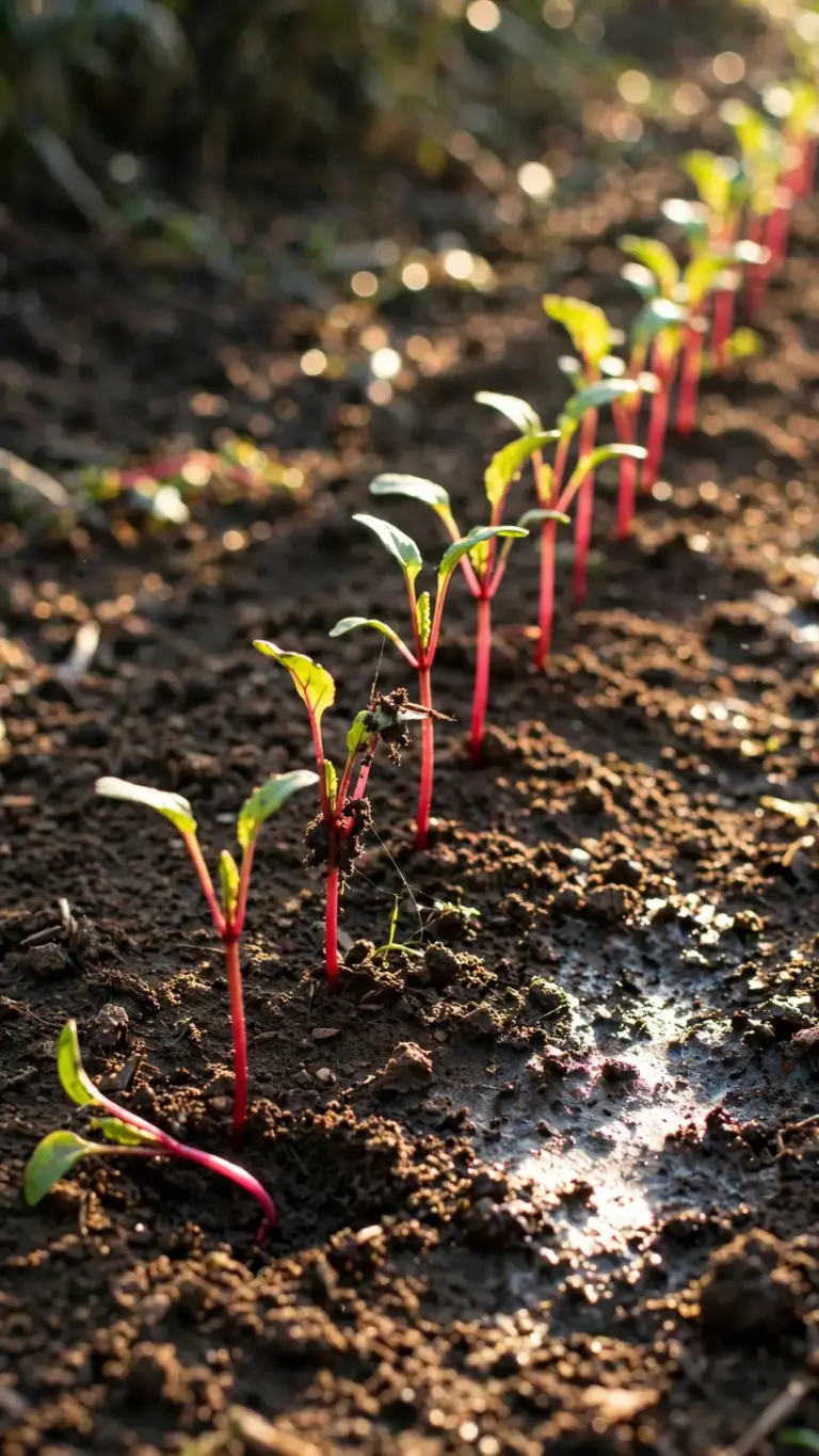 Beet seedlings with red stems in a straight garden row