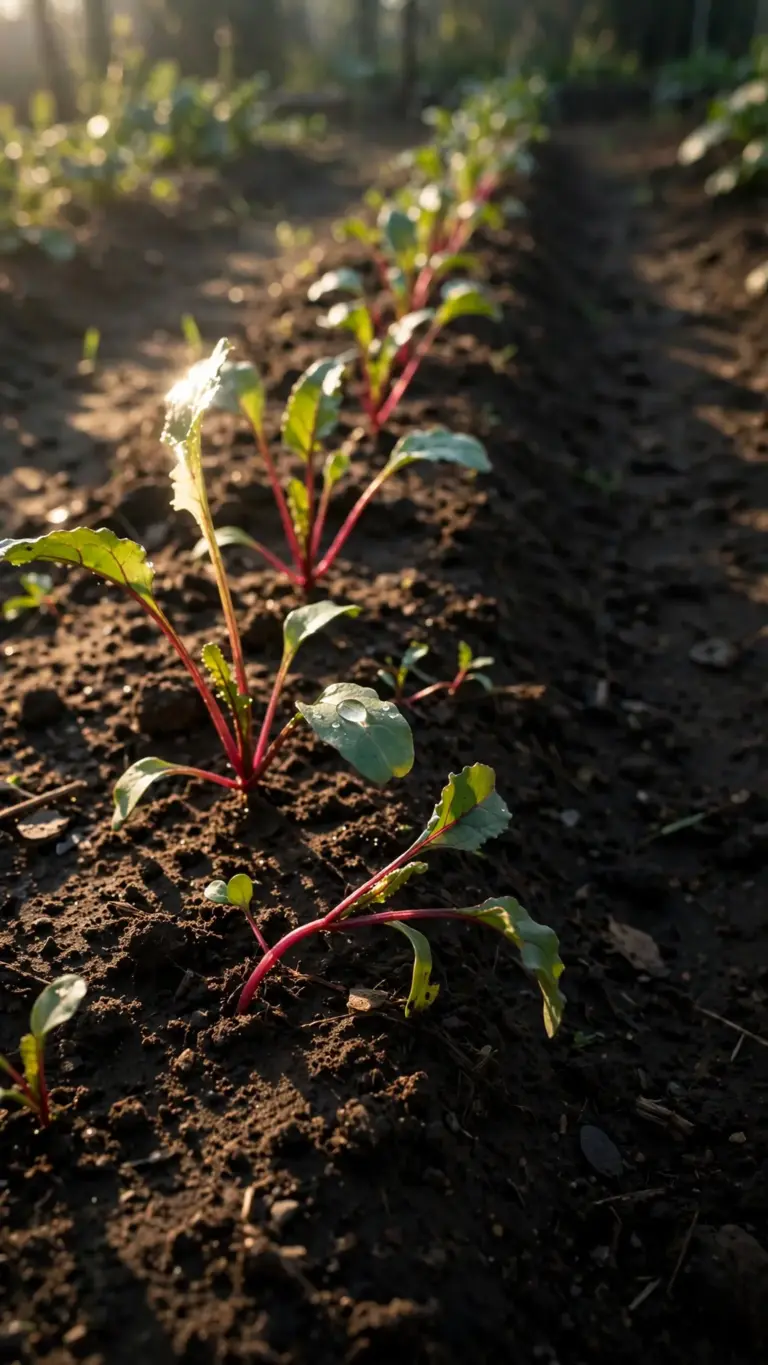 Beet seedlings with red stems in a straight garden row