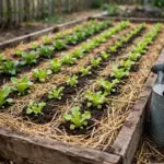 Beginner garden bed with lettuce rows and mulch in morning sun