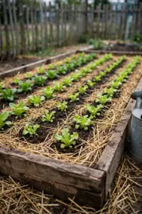 Beginner garden bed with lettuce rows and mulch in morning sun