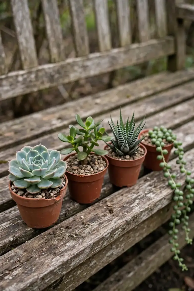 Four small potted succulents: echeveria, jade plant, haworthia, string of pearls