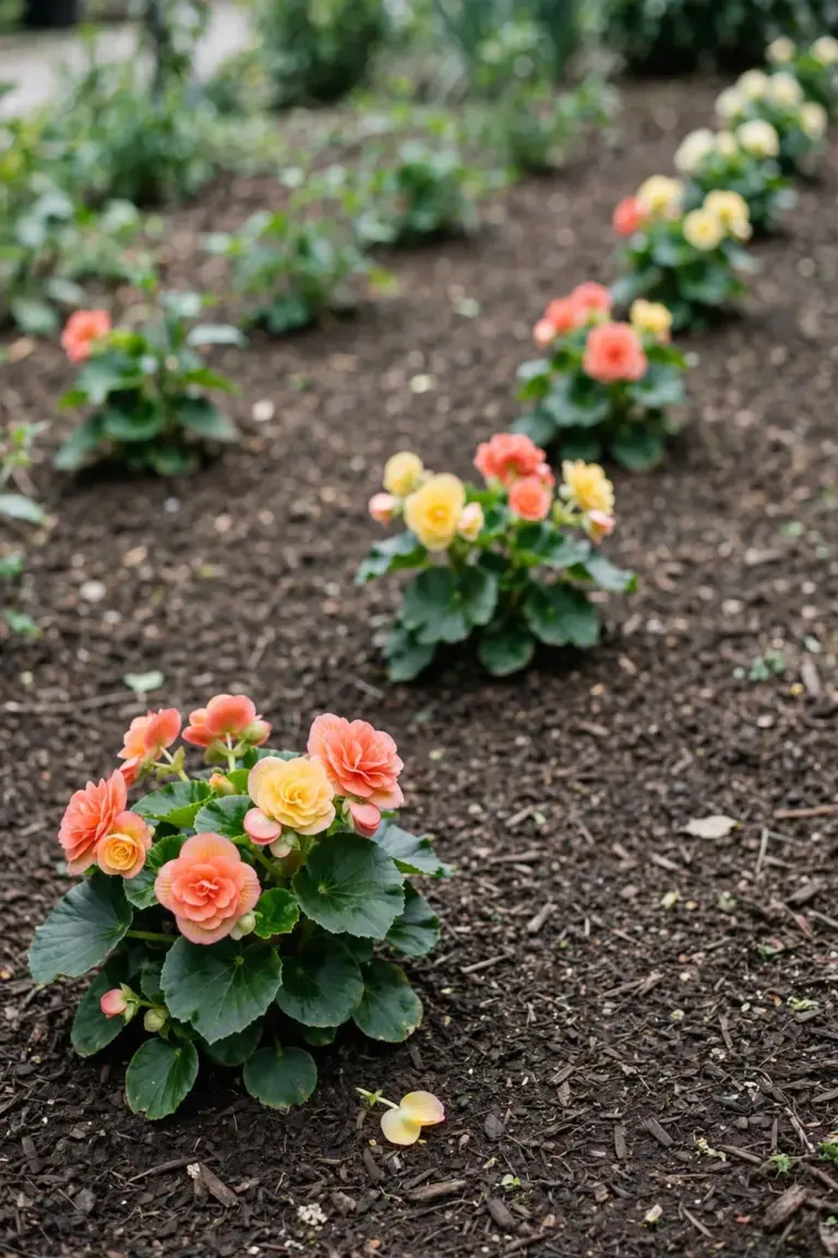 Airy tuberous begonia planting with wide gaps between healthy plants
