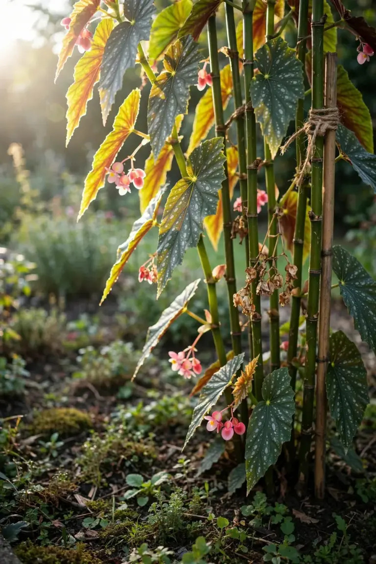 Tall angel wing cane begonia with spotted leaves and pink flower clusters