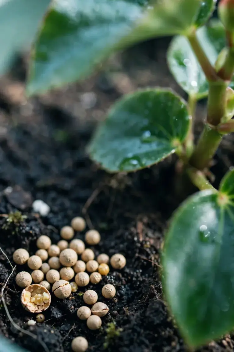 Slow-release fertilizer granules scattered on soil around begonia stems
