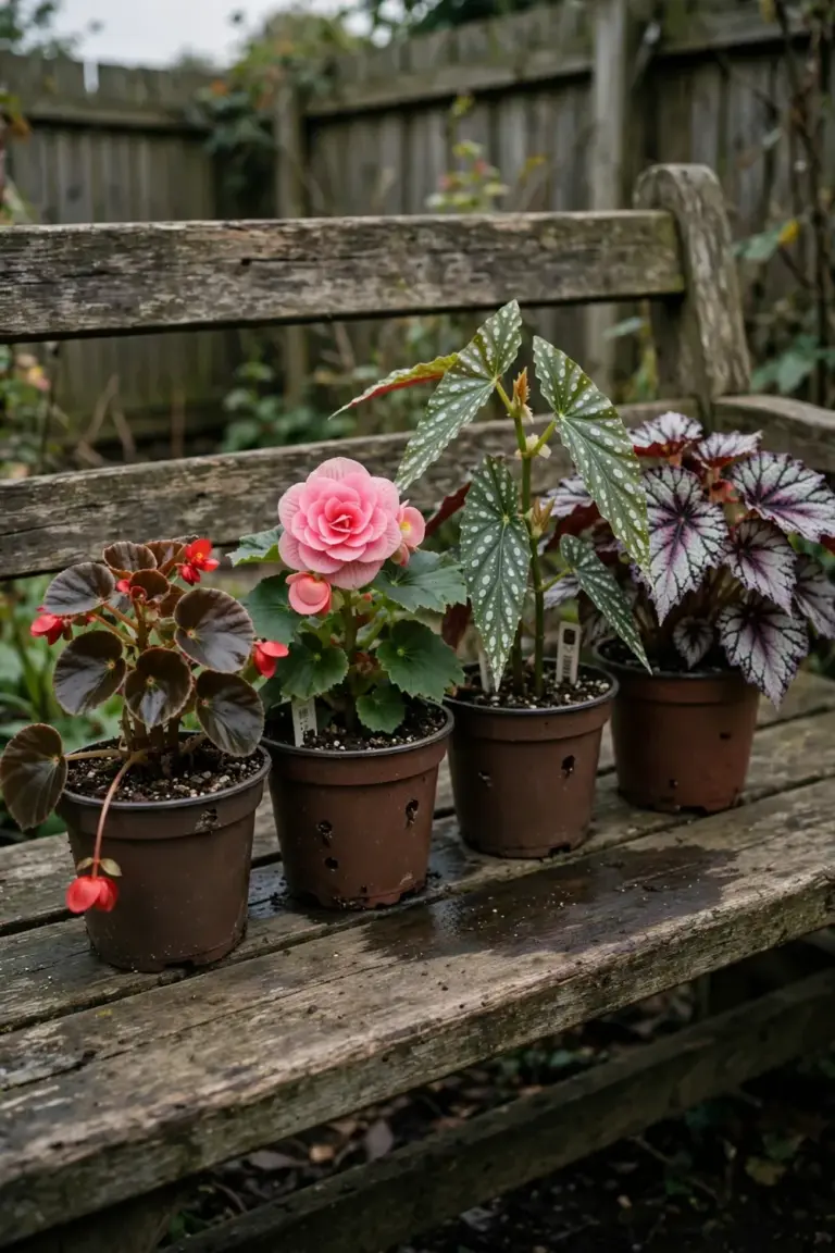 Four begonia types in nursery pots side by side on a bench for comparison