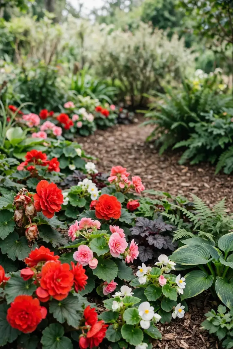 Garden bed of begonias in bloom with a mulched path through it