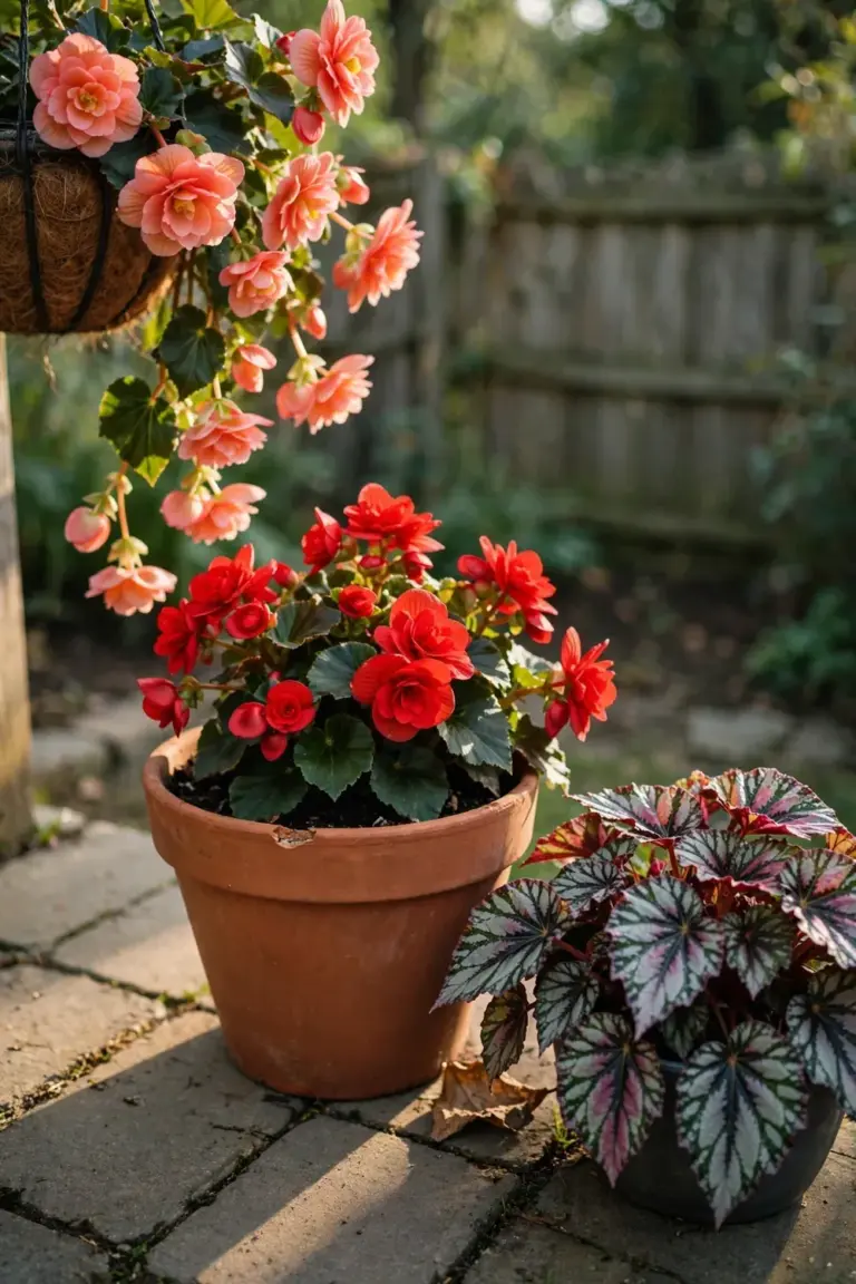 Mixed begonias in containers flowering together on a patio