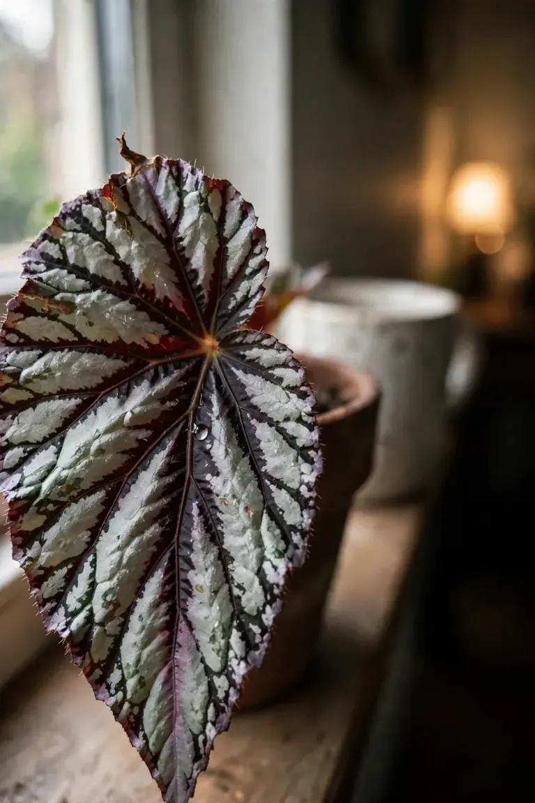 Rex begonia silver and maroon patterned leaf in a styled indoor pot