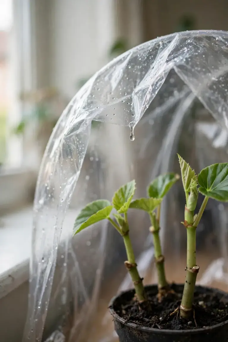 Begonia stem cuttings rooting in moist mix under a clear humidity tent
