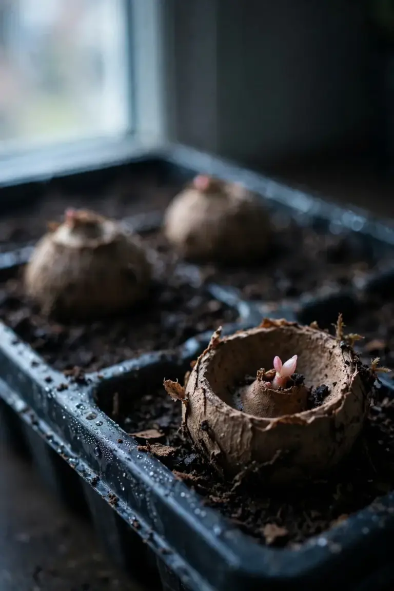 Tuberous begonia tuber set cupped side up on damp peat to start indoors