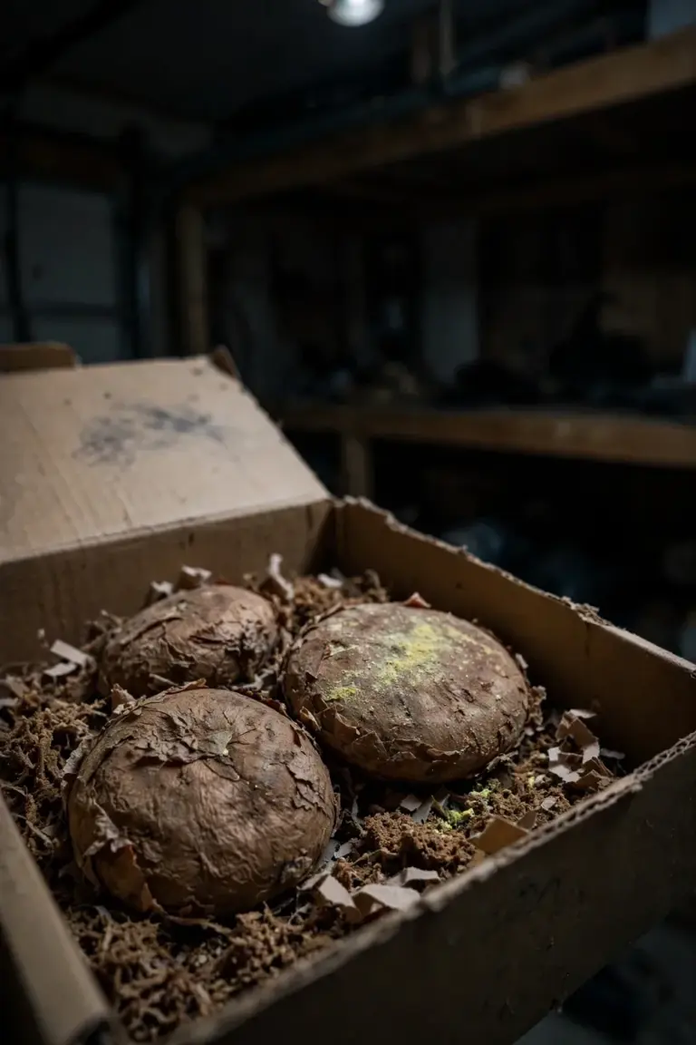 Tuberous begonia tubers packed in dry peat inside a ventilated box