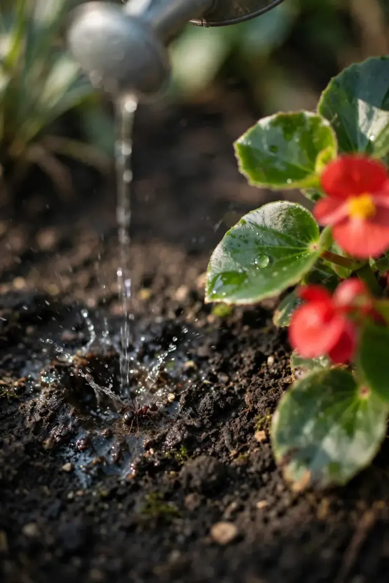 Watering can spout delivering water to soil at the base of a begonia